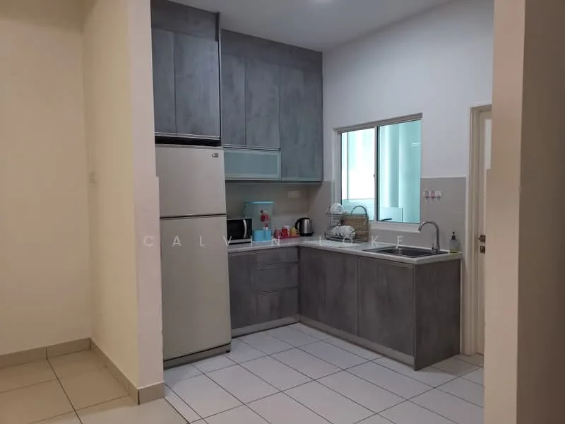 Kitchen features: grey laminate cabinetry, white countertop, single-bowl stainless-steel sink, chrome pull-down faucet, built-in oven, freestanding fridge, microwave, ceramic tile flooring, window with clear glass, kettle, toaster, 2-burner gas hob; style: modern.