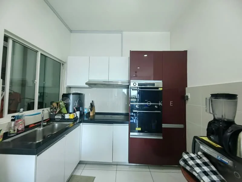 Kitchen features: white flat-panel cabinets, burgundy refrigerator, built-in oven, stainless-steel sink, chrome pull-down faucet, black countertop, ceramic tile flooring, glass window, blender, coffee machine, toaster, kitchen utensils, dish rack; style: modern.