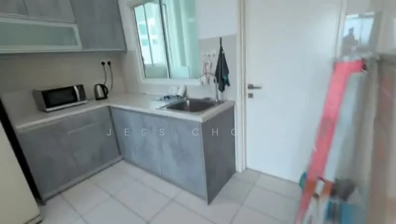 Kitchen features: grey cabinetry, white countertop, single-bowl stainless-steel sink, chrome pull-down faucet, built-in microwave, freestanding kettle, ceramic tile flooring, window with view, refrigerator, wall-mounted cabinets, tile backsplash; style: modern.