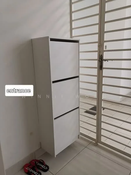 Room features: white storage cabinet with three drawers, sliding door, tile flooring, light-colored walls, entrance area, doormat, metal grille door; style: modern.
