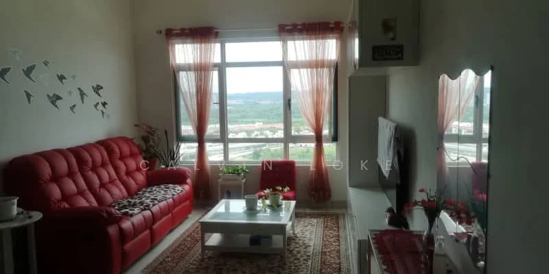 Living features: red leather sofa, white coffee table, decorative area rug, large window with city view, sheer curtains, wall-mounted TV, white TV console, decorative wall art with birds, potted plants, side table, wall mirror; style: modern; view: city.