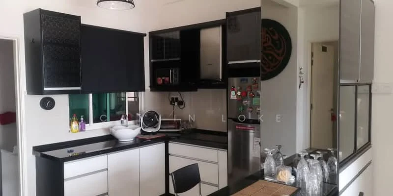 Kitchen features: black and white cabinetry, stainless-steel appliances, single-bowl ceramic sink, chrome pull-down faucet, black countertop, tile backsplash, built-in oven, freestanding refrigerator, glass-front upper cabinets, open shelving, kitchen island with seating, pendant lighting, wall clock; style: modern.