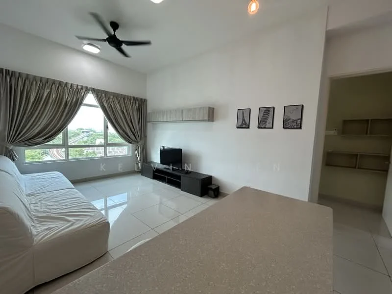 Living features: white fabric sofa, wall-mounted TV, TV console in black, ceiling fan with light, large window with city view, curtains in grey, light-colored walls, glossy tile flooring, decorative wall art, open layout to kitchen area; style: modern; view: city.