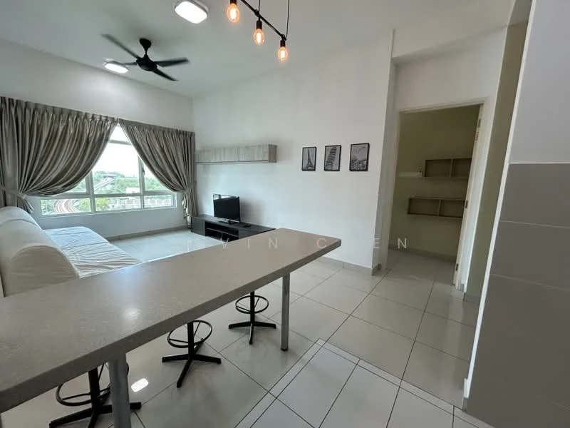 Living features: 3-seater fabric sofa in white, floor-to-ceiling window with city view, ceiling fan with light, wall-mounted TV, light grey wall, white tiled flooring, decorative wall art, open-plan layout with kitchen counter; style: modern; view: city. Room features: white painted walls, doorway leading to another room, built-in shelves, light grey tiled flooring.