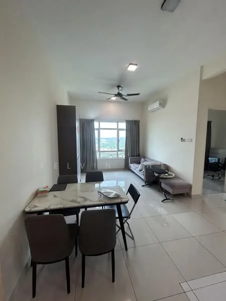 Living features: floor-to-ceiling windows, grey curtains, 3-blade ceiling fan, recessed LED downlights, light-coloured walls, white tiled flooring, sofa in beige, coffee table, TV console, dining table with marble top, 4 dining chairs; style: modern; view: city.