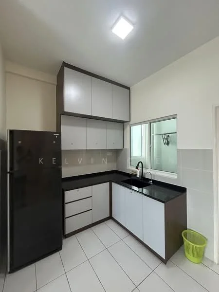 Kitchen features: black granite countertop, grey and white cabinetry, stainless-steel fridge, single-bowl stainless-steel sink, chrome pull-down faucet, wall-mounted cabinets, drawer storage, tile backsplash, white tiled flooring, window with view to outside, green waste basket; style: modern.