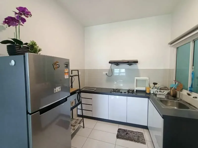 Kitchen features: stainless-steel fridge, built-in gas hob, exhaust hood, double-bowl stainless-steel sink, grey countertop, white cabinetry, black drawer unit, white tiled backsplash, white walls, ceramic tile flooring, window with sheer curtains, decorative potted orchid; style: modern.