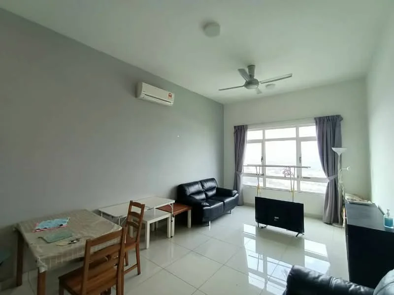 Living features: white painted walls, glossy tile flooring, 5-blade ceiling fan, wall-mounted split AC, black leather sofa, 2-seater black leather sofa, coffee table, TV console, floor-to-ceiling windows with sheer curtains, light grey curtains; style: modern; view: city.