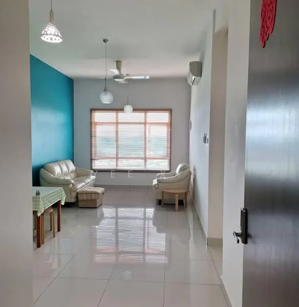 Living features: cream leather sofa, single armchair, glass coffee table, white walls, blue accent wall, large window with wooden blinds, recessed downlights, ceiling fan, polished tile flooring, air conditioning unit; style: modern.