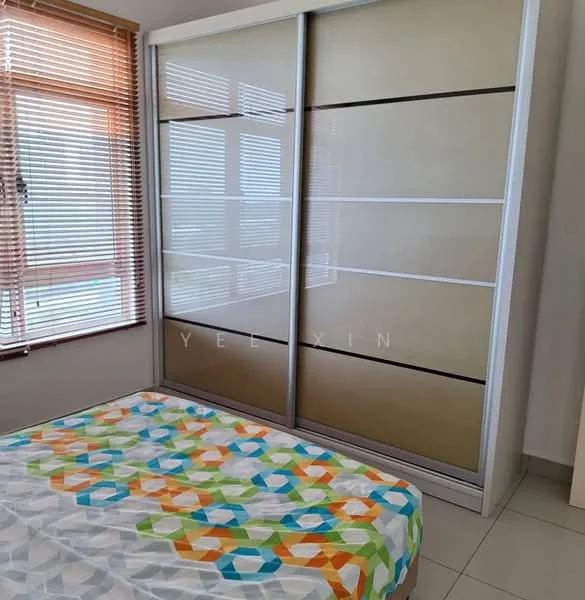 Bedroom features: queen-size bed with patterned bedding, built-in wardrobe with sliding doors, window with blinds, light-colored walls, tile flooring, decorative wall art, nightstand, lamp on nightstand; style: modern.