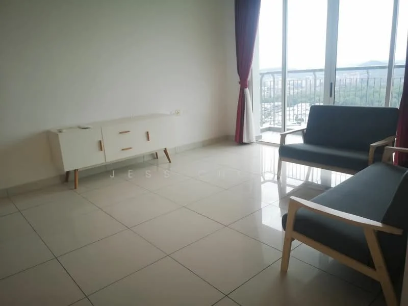 Living features: large floor-to-ceiling windows, grey fabric 2-seater sofa, grey fabric 3-seater sofa, white sideboard with wooden legs, white tiled flooring, red curtains, neutral painted walls, city view; style: modern; view: city.