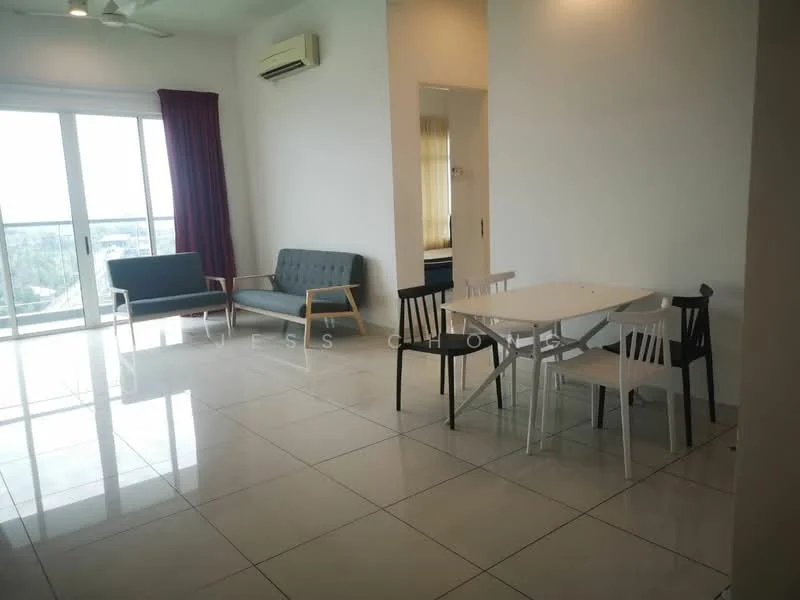 Living features: large floor-to-ceiling windows, sliding glass door, grey fabric sofa, white dining table, black and white dining chairs, white walls, polished ceramic tile flooring, 5-blade ceiling fan, air conditioning unit, curtains, decorative wall art; style: modern; view: city.