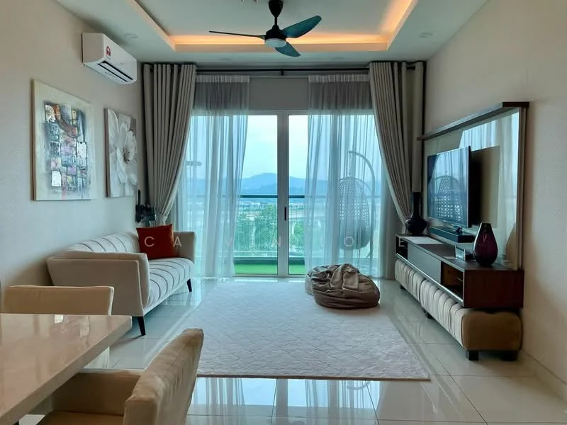 Living features: 3-seater fabric sofa in beige, hanging egg chair, coffee table, TV console, wall-mounted TV, area rug, floor-to-ceiling windows, sheer curtains, recessed downlights, ceiling fan with light, decorative vase, framed artwork; style: modern; view: mountain.