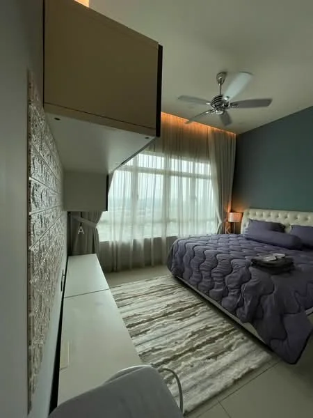 Bedroom features: king-size bed with upholstered headboard, purple bedding, 2 bedside lamps, wall-mounted TV, built-in wardrobe, ceiling fan with light, large window with sheer curtains, decorative wall panel, area rug with geometric pattern, neutral wall colour, tile flooring; style: modern; view: city.