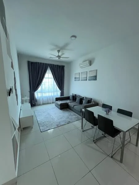 Living features: 3-seater fabric sofa in grey, 2-seater fabric sofa in grey, coffee table, area rug with geometric pattern, wall-mounted TV, ceiling fan, white painted walls, tile flooring, floor-to-ceiling windows with sheer curtains, decorative wall art, air conditioning unit; style: modern. Dining features: 6-seater dining table, metal dining chairs, white tabletop, decorative centerpiece; style: modern.