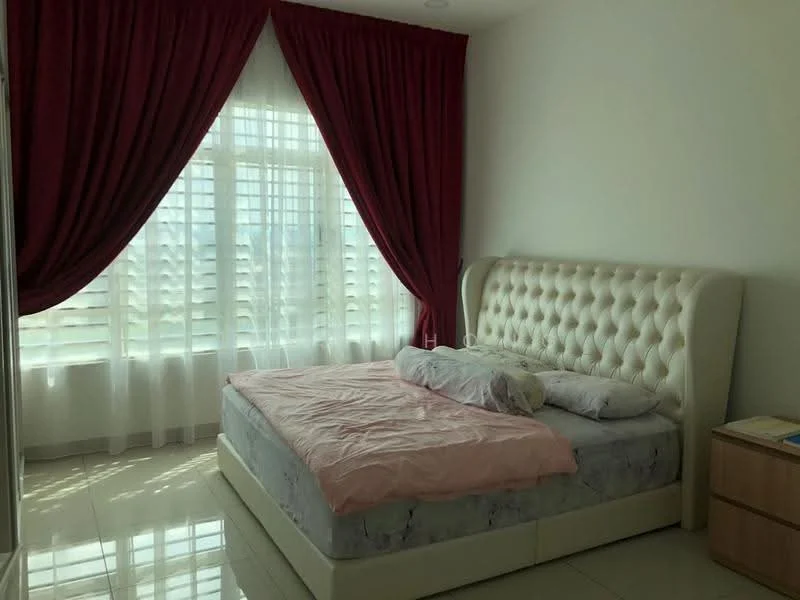 Bedroom features: king-size bed with upholstered headboard, pink bedding, white walls, large window with sheer curtains, red drapes, glossy tile flooring, nightstand, decorative pillow; style: modern.