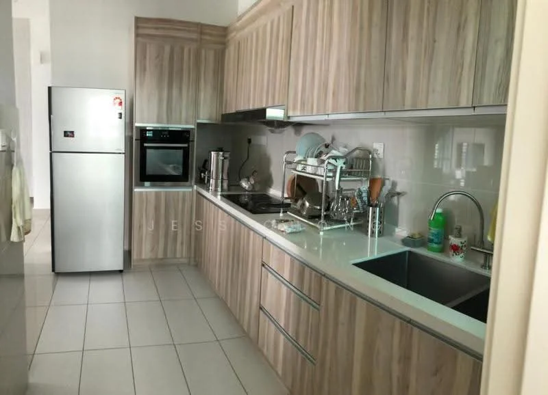 Kitchen features: light wood cabinetry, stainless-steel fridge, built-in oven, stainless-steel sink, chrome pull-down faucet, white countertop, ceramic tile flooring, wall-mounted cabinets, kitchen appliances, under-cabinet lighting; style: modern.