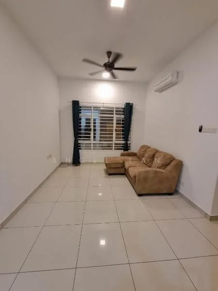 Living features: cream painted walls, glossy ceramic tile flooring, 5-blade ceiling fan with light, floor-to-ceiling windows, roller blinds, light brown fabric sectional sofa, air conditioning unit on wall; style: modern.