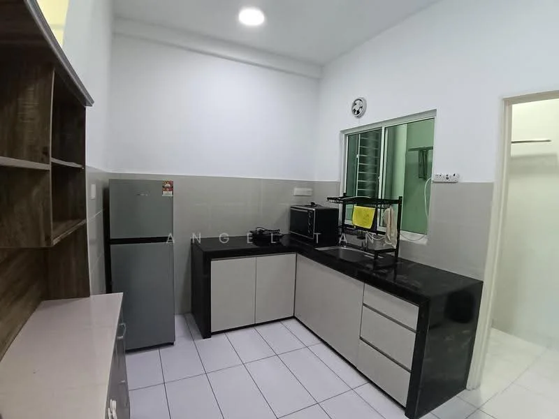 Kitchen features: white painted walls, grey cabinetry, black countertop, stainless-steel fridge, built-in shelving, tile flooring, single-bowl stainless-steel sink, chrome faucet, window with metal grille, recessed ceiling lights; style: modern.