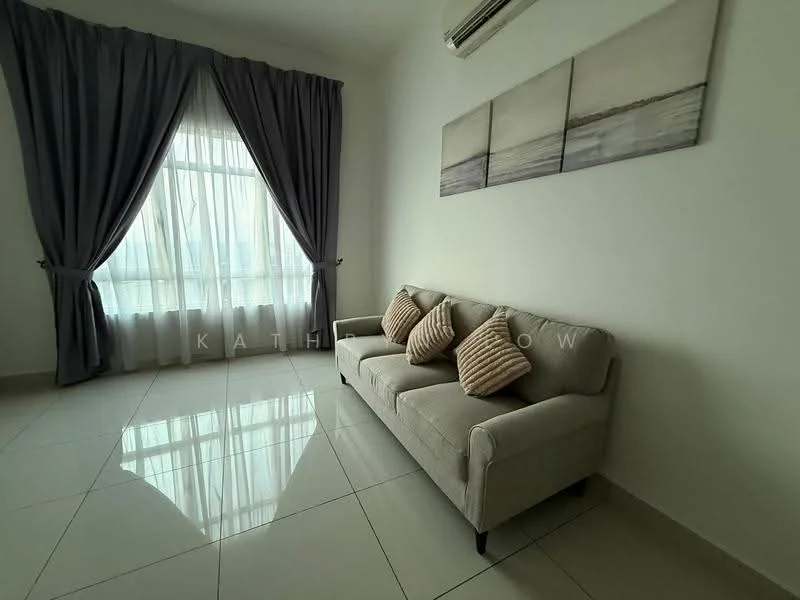 Living features: grey fabric 3-seater sofa, two decorative cushions, floor-to-ceiling windows, sheer curtains, grey curtains, white painted walls, glossy ceramic tile flooring, wall-mounted air conditioning unit, abstract artwork on wall; style: modern; view: city.