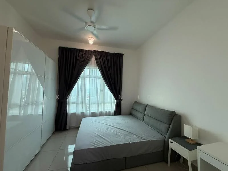Bedroom features: queen-size bed, upholstered headboard, 2 bedside tables, table lamp, floor-to-ceiling window, sheer curtains, blackout curtains, ceiling fan, white painted walls, glossy tile flooring; style: modern.