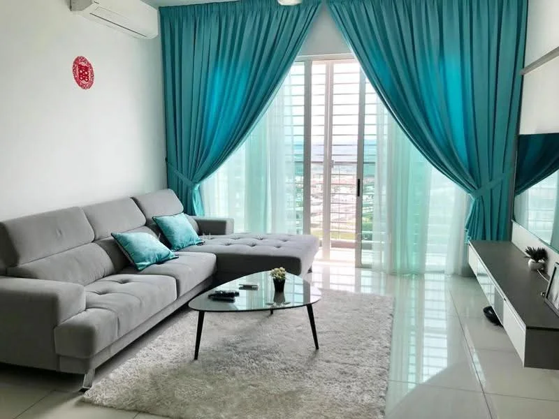 Living features: grey fabric sectional sofa, glass coffee table, white area rug, floor-to-ceiling windows, sheer turquoise curtains, solid turquoise curtains, wall-mounted TV console, air conditioning unit, decorative wall art; style: modern; view: city.