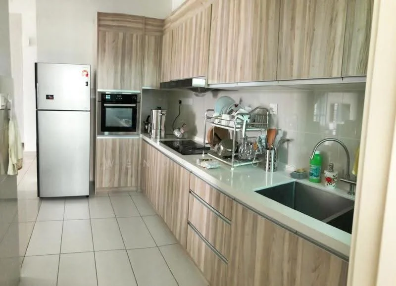 Kitchen features: light wood cabinetry, stainless-steel fridge, built-in oven, ceramic cooktop, double-bowl stainless-steel sink, chrome pull-down faucet, white tiled backsplash, grey countertop, under-cabinet lighting, tile flooring, open shelving, kitchen utensils, dish rack; style: modern.