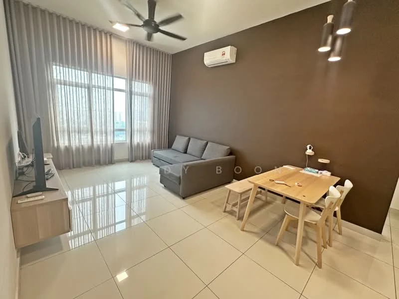 Living features: 3-seater fabric sofa in grey, coffee table, TV console, wall-mounted TV, area rug, floor-to-ceiling windows, sheer curtains, white painted walls, dark accent wall, recessed downlights, ceiling fan, dining table with 4 chairs, air conditioning unit; style: modern; view: city.