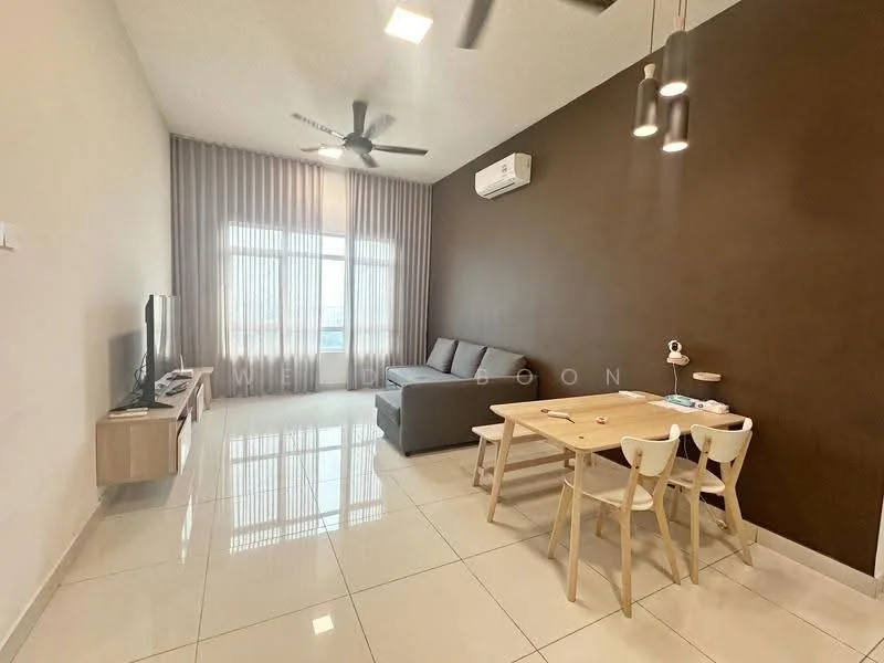 Living features: grey fabric sofa, 3-seater sofa, light wood dining table, 4 white dining chairs, wall-mounted TV, TV console, ceiling fan, recessed downlights, large floor-to-ceiling windows, sheer curtains, white painted walls, dark brown accent wall, glossy tile flooring, air conditioning unit; style: modern; view: city.