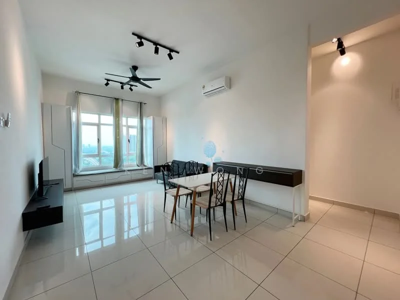 Living features: white painted walls, glossy tile flooring, 5-blade ceiling fan with light, recessed LED downlights, floor-to-ceiling windows, black dining table with six chairs, wall-mounted TV, air conditioning unit, sideboard console, natural light from windows; style: modern; view: city.