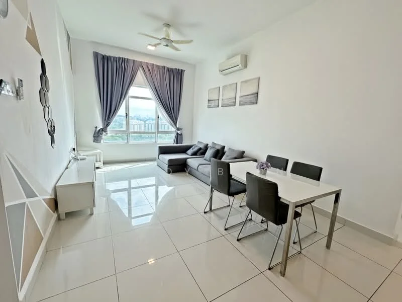 Living features: grey L-shape sectional sofa, white coffee table, 4 black dining chairs, white dining table, floor-to-ceiling window, sheer curtains, recessed downlights, white painted walls, polished ceramic tile flooring, ceiling fan; style: modern; view: city.