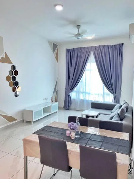 Living features: grey fabric sofa, white coffee table, dining table with beige tablecloth, 4 grey dining chairs, floor-to-ceiling windows, sheer curtains, ceiling fan, white painted walls, glossy tile flooring, decorative wall mirror with hexagonal pattern, decorative wall accents, air conditioning unit; style: modern.