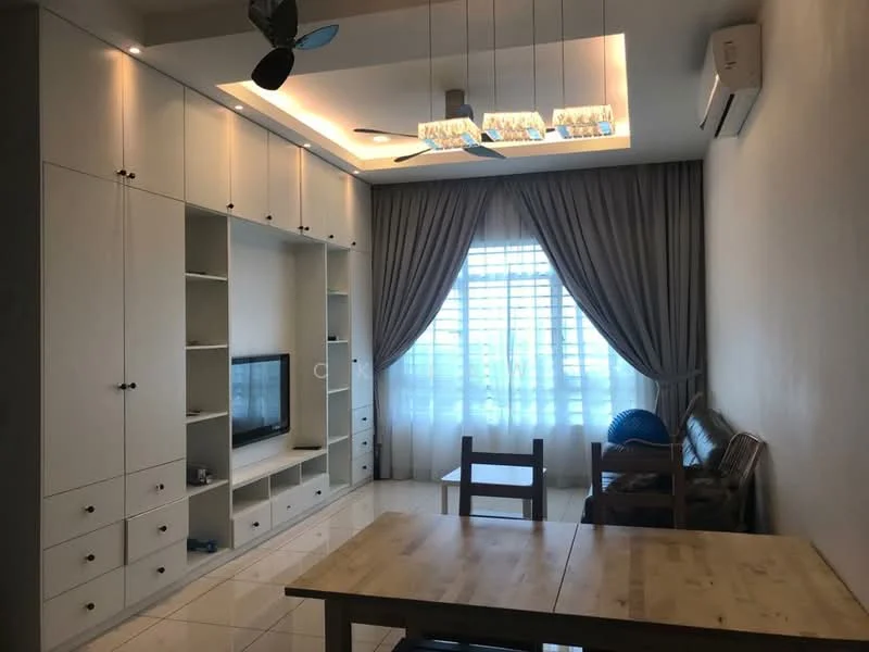Living features: white painted walls, glossy tile flooring, tray ceiling with recessed lighting, 5-blade ceiling fan with light, large window with sheer curtains, built-in TV unit with shelving, wooden dining table, wooden chairs, sofa, decorative cushions; style: modern.
