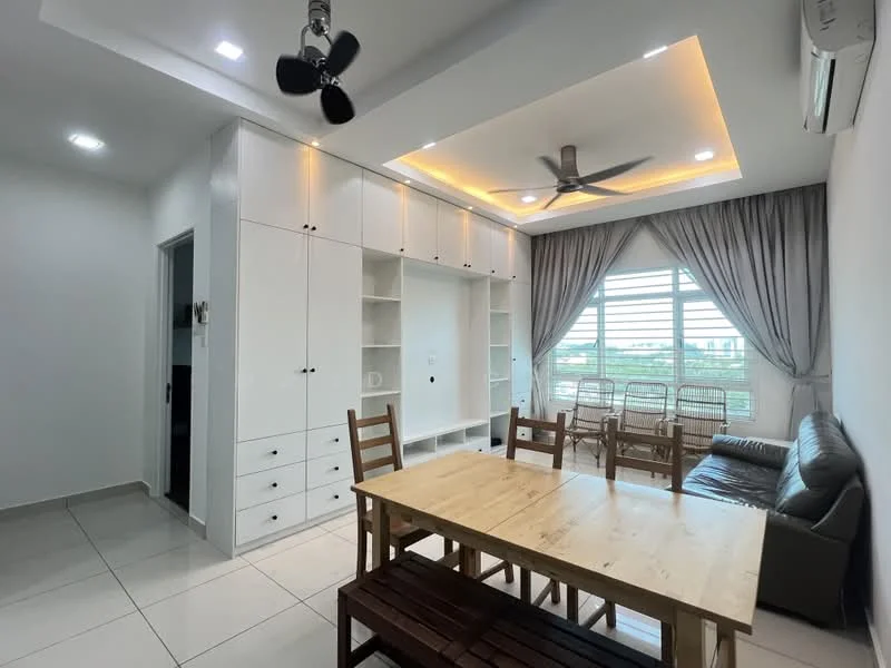 Dining features: wood dining table, 4 wooden dining chairs, sofa in dark brown leather, built-in cabinetry with white finish, recessed ceiling lights, ceiling fan with 3 blades, large window with sheer curtains, grey drapes, white painted walls, glossy tile flooring; style: modern; view: city.