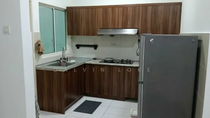 Kitchen features: brown wooden cabinetry, stainless-steel sink, chrome pull-down faucet, granite countertop, built-in gas stove, stainless-steel range hood, stainless-steel fridge, white tiled backsplash, white tiled flooring, window with green glass, kitchen towel hanging, black mat on floor; style: modern.