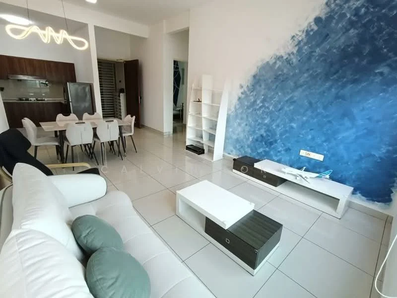 Living features: white painted walls with blue accent wall, large floor-to-ceiling windows, white sectional sofa, black dining chairs, white coffee table, dark wood TV console, light grey tile flooring, modern pendant lighting, decorative shelf unit, dining table with 6 chairs, open-plan layout to kitchen; style: modern. Kitchen features: dark wood cabinetry, stainless-steel fridge, built-in oven, 4-burner gas hob, white countertop, open layout to living area; style: modern.