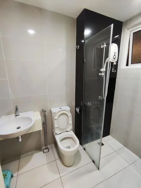 Bathroom features: white ceramic toilet, wall-mounted sink, chrome faucet, glass shower enclosure, rain shower head, white tiled walls, grey tiled flooring, window for natural light, shower heater, mirror above sink; style: modern.