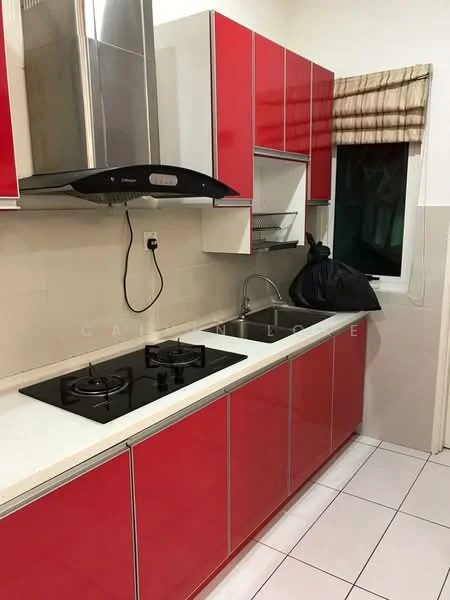 Kitchen features: red cabinetry, stainless-steel range hood, double-bowl stainless-steel sink, chrome pull-down faucet, black countertop, 2-burner gas hob, white tiled backsplash, white tiled flooring, window with blinds; style: modern.