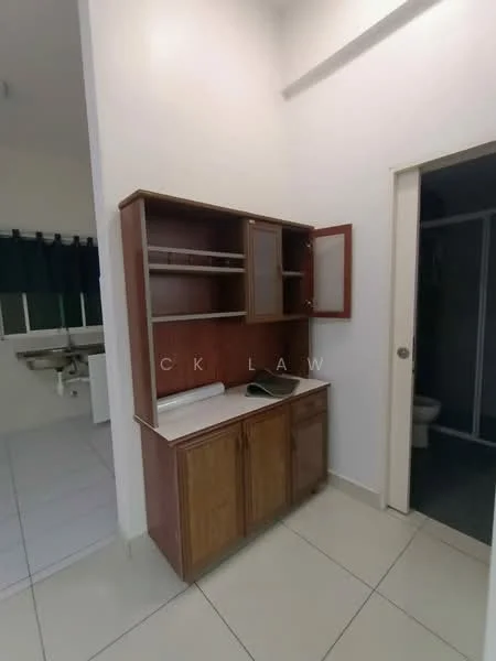 Room features: wood cabinetry with upper and lower storage, white countertop, ceramic tile flooring, neutral wall color, open shelving, door leading to another room, window with dark curtains, light fixture on ceiling; style: modern.