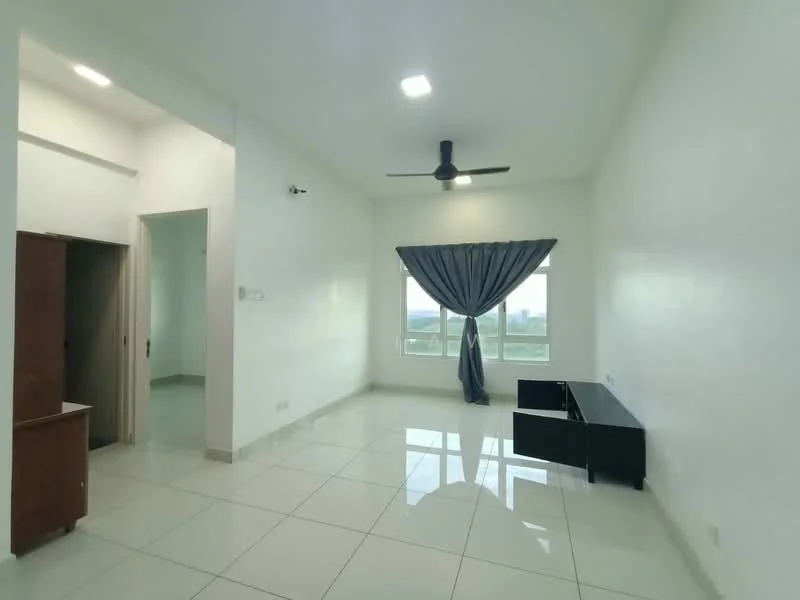 Living features: white painted walls, glossy ceramic tile flooring, 5-blade ceiling fan with light, two windows with sheer curtains, black TV console, natural light from windows, view of the outside, minimalist decor; style: modern; view: city.