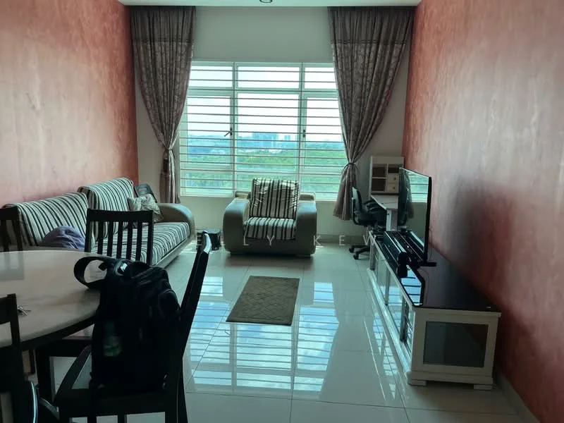 Living features: striped fabric sofa, armchair, TV console, wall-mounted TV, dining table with chairs, area rug, large window with horizontal blinds, painted accent wall in coral, glossy tile flooring, decorative curtains; style: modern; view: city.