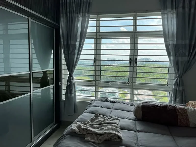 Bedroom features: queen-size bed, upholstered headboard, bedside lamp, built-in wardrobe with sliding doors, floor-to-ceiling windows, curtains, city view, decorative throw blanket, neutral wall color, tile flooring; style: modern; view: city.