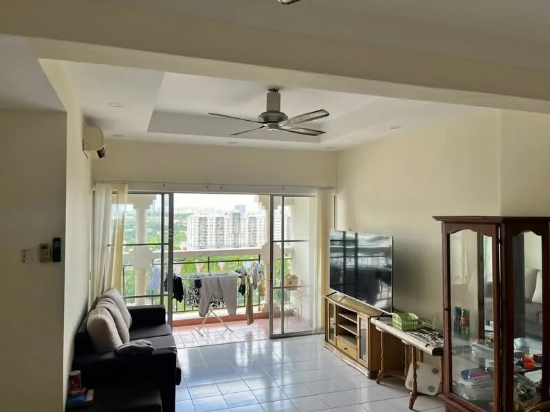 Living features: 3-seater fabric sofa in black, ceiling fan with light, wall-mounted TV, TV console in wood, glass sliding door, floor-to-ceiling windows, white painted walls, tile flooring, recessed ceiling lights, decorative cabinet, balcony view, laundry hanging on balcony; style: modern; view: city.