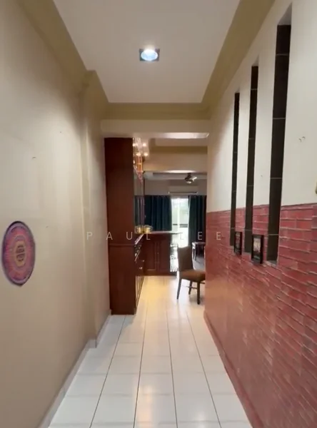 Room features: white painted walls, red brick accent wall, white tile flooring, recessed ceiling lights, ceiling fan, wood cabinetry, dining table with chairs, curtains; style: modern.