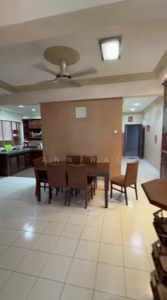 Dining features: dining table with 6 chairs, ceiling fan, white tiled flooring, cream painted walls, recessed lighting, open layout to kitchen, wooden cabinetry in kitchen visible, wall-mounted air conditioning unit; style: modern.