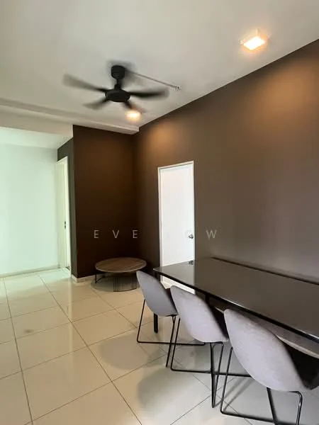 Dining features: dark brown painted walls, white ceiling, recessed downlights, 5-blade ceiling fan, rectangular dining table, 4 upholstered dining chairs, large floor tiles, doorway leading to another room; style: modern.
