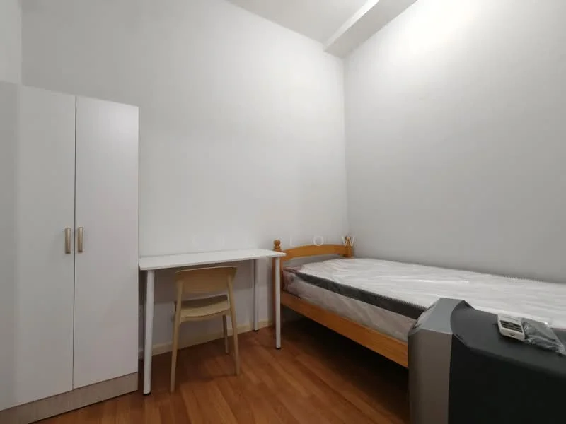 Bedroom features: single bed with mattress, white painted walls, wooden flooring, study desk with chair, built-in wardrobe with white doors, window with natural light, minimalist decor; style: modern.