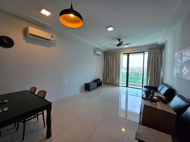 Living features: white painted walls, glossy white tile flooring, 5-blade ceiling fan with light, recessed LED downlights, floor-to-ceiling windows, sliding glass door, curtains, black leather sofa, dining table with chairs, wall-mounted air conditioning unit, wall clock; style: modern; view: city.