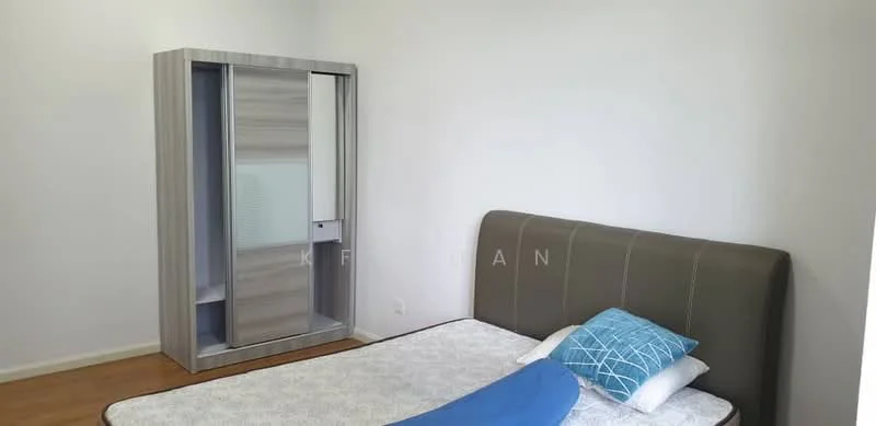 Bedroom features: queen-size bed, upholstered headboard in grey, wooden flooring, built-in wardrobe with sliding doors, white painted walls, blue decorative pillow, blank mattress, single blue throw blanket; style: modern.