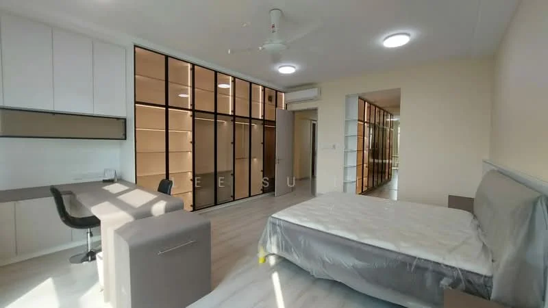 Bedroom features: queen-size bed, upholstered headboard, study desk with chair, built-in wardrobe with glass doors, white painted walls, light wood flooring, ceiling fan, recessed LED downlights; style: modern.